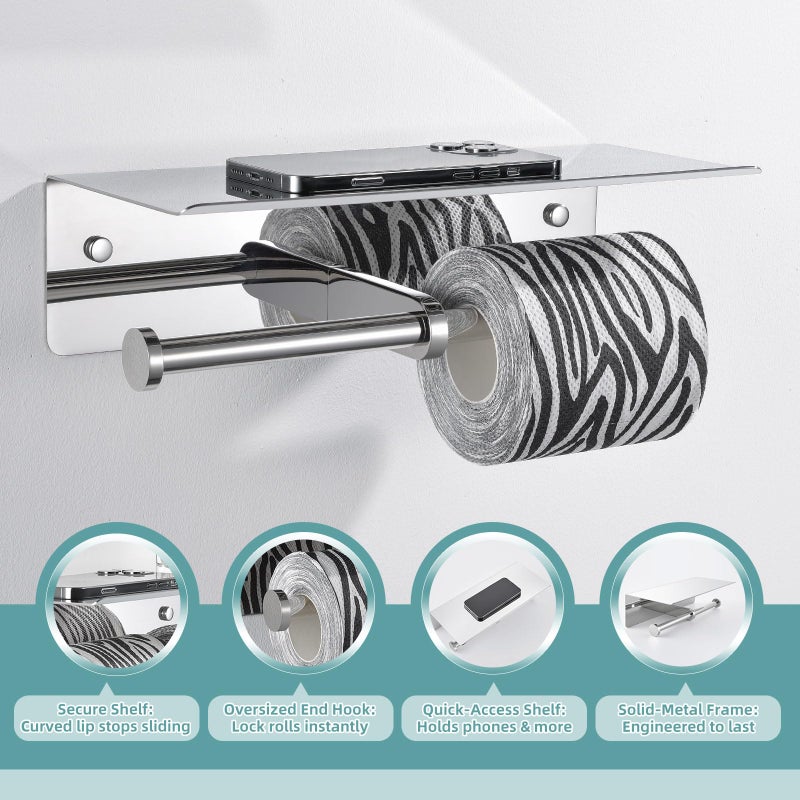 APLusee Double Toilet Paper Holder with Shelf Polished Chrome, APLusee SUS304 Stainless Steel Contemporary Bathroom Tissue Roll Holder Cell Phone Storage Rack - Image 4